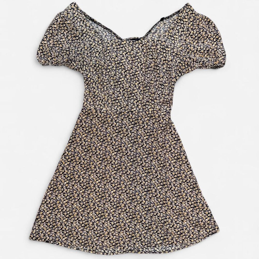 Black Puff Sleeve Yellow Daisy Mini Dress with Open Tie Back; Size SMALL